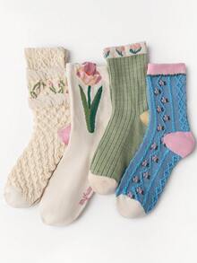 1/4 Pairs Multi-Color All-Season Moisture-Wicking Breathable Soft Skin-Friendly Odor-Resistant Tulip Forest Floral Mid-Calf Socks - Multicolor - View 2