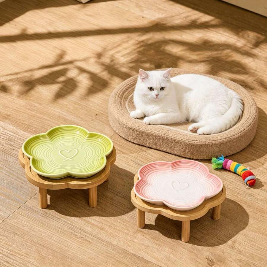 Flower Ceramic Feeding Cat Plate With Raised Bamboo Stand - 150ml - View 1