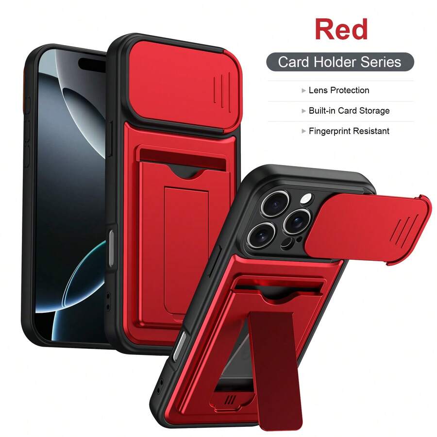 Card Holder Stand Phone Case Integrated Slide Lens Cover + Card Slot Storage + Hidden Stand 3-In-1 Function, Full Coverage Lens Protection, Dustproof & Scratch-Resistant, Easy Card Storage, Horizontal & Vertical Dual-Use Stable Support, Compatible With IPhone 16/17, / And More - Red - View 1