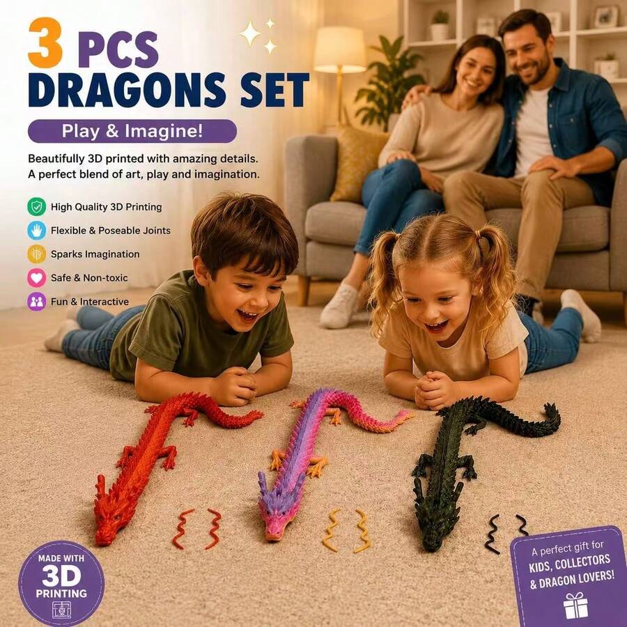 5pcs And 3pcs Set Of Different Sizes Chinese Dragon Figurines Toys, Giant 23.62 Inch/17.7 Inch/11.8 Inch Articulated Chinese Dragon Statue - Children's Gift Set, 3D Printed Material, Multiple Gradient Random Colors, Vibrant Home And Office Decor, Perfect For Christmas, Children's Day, Halloween, Thanksgiving, Valentine's Day And Easter Gifts - 3-piece Toy Set (60cm + 45cm + 30cm) - View 1