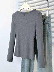 Korean Style Minimalist Sexy Hot Girl Square Neck Long Sleeve Slim Fit Flattering Knit Top For Women Autumn/Winter - Grey - View 7