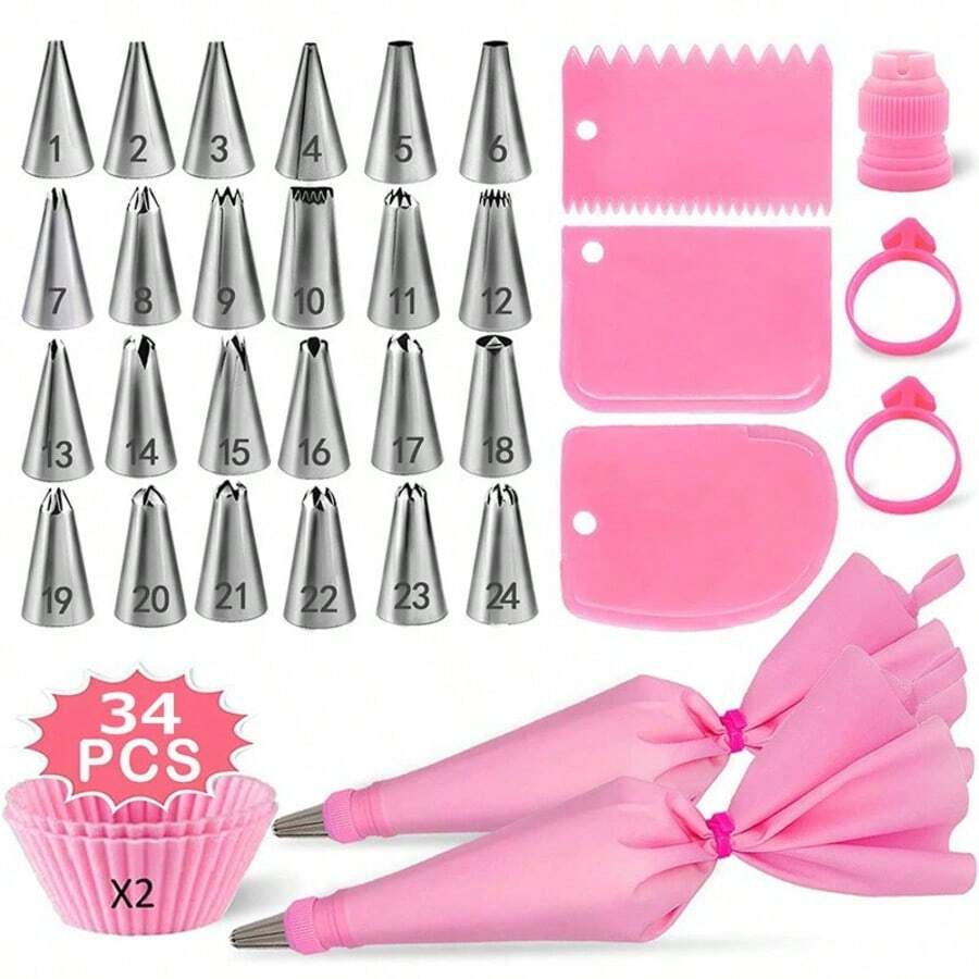 Set de 34 piezas de bolsas y boquillas para manga pastelera, boquillas de acero inoxidable con bolsa de silicona reutilizable, alisador de glaseado, moldes de silicona para hornear, kit de herramientas para decorar pasteles, accesorios de cocina, artículos esenciales para fiestas, regalo para bodas y fiestas - Ver 1