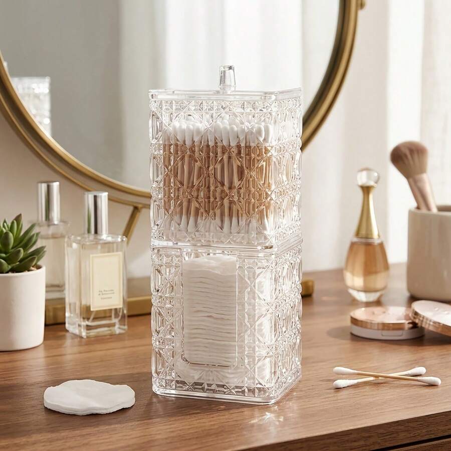 Dispensador y soporte 2 en 1 para bastoncillos de algodón, caja de almacenamiento para almohadillas de limpieza, dispensador de almohadillas de algodón, organizador de almohadillas de algodón cuadradas y redondas, contenedor de almacenamiento para encimera - Multicolor - Ver 1