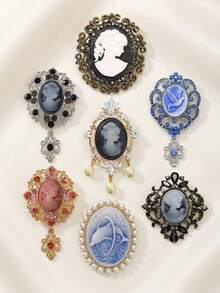 1pc Vintage Cameo Brooch Pins Victorian Style Relief Portrait Rhinestone Pearl Badges Elegant Retro Jewelry Accessories For Women - Multicolor - View 5