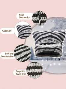 1pc Women's Handmade Knitted Hat, Y2K Striped Hat, Couple Cute Cat Ear Casual Hat, Suitable For Autumn/Winter Outdoor Sports, Street Fashion Matching, Christmas Winter Gift Cute - A - View 5