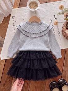 Girls' Double Layer Mesh Large Collar Bow Cute Cardigan And Polka Dot Mesh Ruffle Skirt - Light Grey - View 2
