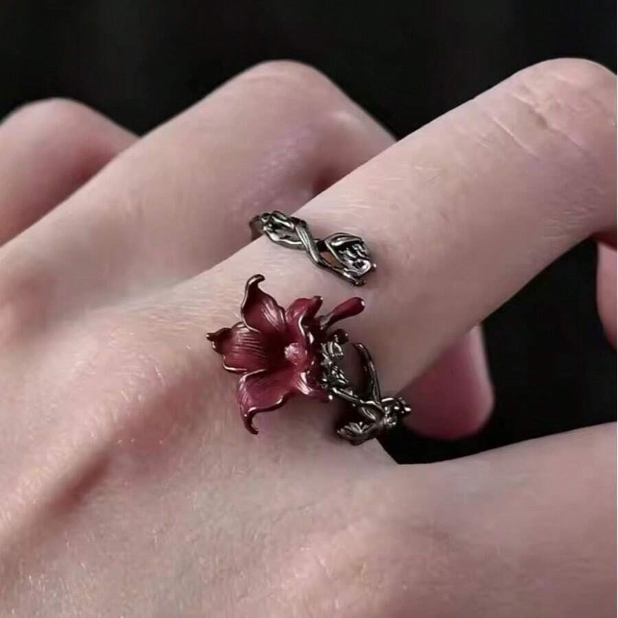 Mandala Flower Exquisite Black & Red Ring For Women, Personalized Metal Punk Party Finger Ring, Fashion Jewelry Accessory Gift - Red - View 1