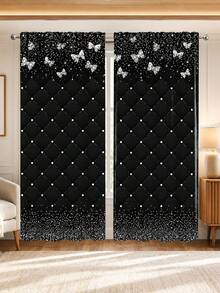 2pcs Black Rhinestone Butterfly Print All-Season Decorative Curtains - Featuring Rhinestones And Butterflies, Made Of 100% Polyester - Suitable For Living Room, Bedroom, Study And Dining Room - Suitable For Any Season, Easy To Hang Rod Pocket Design, Bedroom Decor And Accessories (Rod Not Included) - Multicolor - View 8