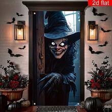 2d Plane Banners, Large Horror Witch Curtains Decorated On Halloween Front Door, Bright And Durable Polyester Fabric, Suitable For Halloween Night Family Party Thriller Theme Room Decoration Halloween Background. - 1 - View 3