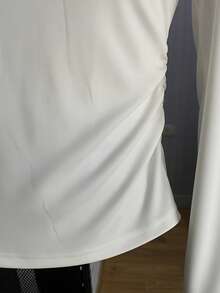 Hot Girl Style Lapel V-Neck Long Sleeve Base Layer Top With Side Drawstring Ruched Design And Niche Letter Print Cropped Blouse Casual White - White - View 4