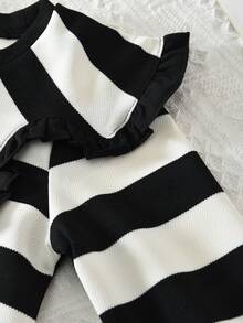bearleader Girls 2pcs Set Casual Wide Collar Long Sleeve Striped Sweatshirt + Solid Color Pleated Skirt, Spring & Autumn - Black and White - View 4