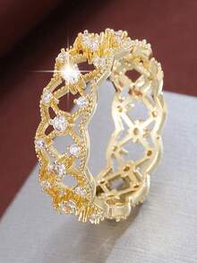 Vanel 1pc European Vintage Style Lace Window Grid 3D Embossed Ring, Niche Design Suitable For Party, Wedding, Daily Wear - Yellow Gold - View 7