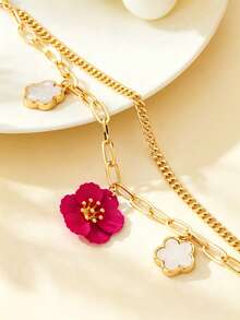 1 pieza Tobillera elegante y encantadora con colgante de trébol de doble capa de color rojo rosa, estilo de vacaciones de verano, adecuada para mujeres, apta para vacaciones, fiestas, citas, regalos, uso diario - Multicolor - Ver 3