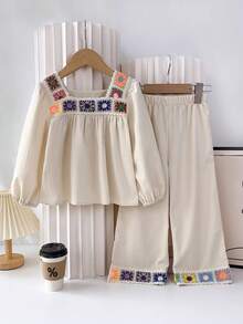 bearleader Young Girl Colorful Sunflower Embroidered Pleated Top And Loose Vacation Pants 2pcs Set - Beige - View 3