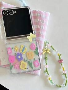 3D Butterfly Colorful Floral Print Graffiti Pattern Phone Case, Compatible With Samsung Galaxy ZFlip 8 Z Z Flip 6 Z Flip 5 Z Flip 4 3 5G, Hinge Protection Case, With Bowknot Random Beaded Bracelet - Flowers - View 2