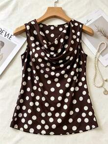 Plus Size Women's Vintage Brown Base White Polka Dot Print Cowl Neck Sleeveless Fitted Waist Top Casual Summer - Brown - View 1