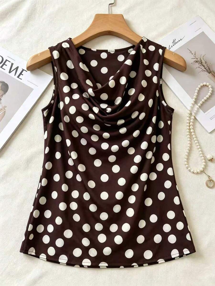 Plus Size Women's Vintage Brown Base White Polka Dot Print Cowl Neck Sleeveless Fitted Waist Top Casual Summer - Brown - View 1