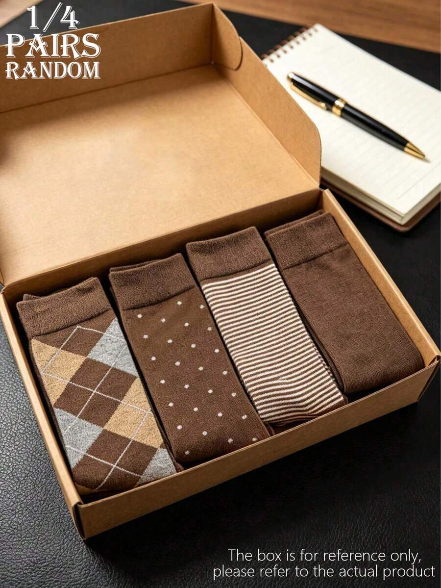 1/4 Pair Men's Brown Diamond Grid Polka Dot Striped Mid-Calf Socks, Breathable Vintage Gentleman, British Style, Geometric Print, Diamond Grid Polka Dot Striped, Suitable For Office Commute Gift-Giving Scenarios, Minimalist Style, Classic Design, Suitable For Daily Commute Office Scenarios, Suitable For Business Workplace Gift-Giving Scenarios, - Multicolor - View 1
