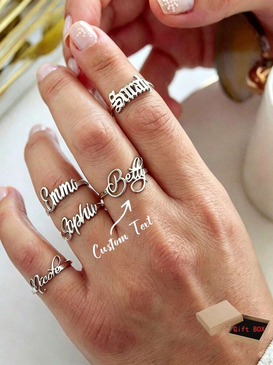 1pc Customized Name Ring, Personalized Name Ring For Women And Men, Open Adjustable Stainless Steel Gold Plated, Christmas Jewelry Gift For Her Mom, Birthday Gift, Stackable Design - Silver - View 1