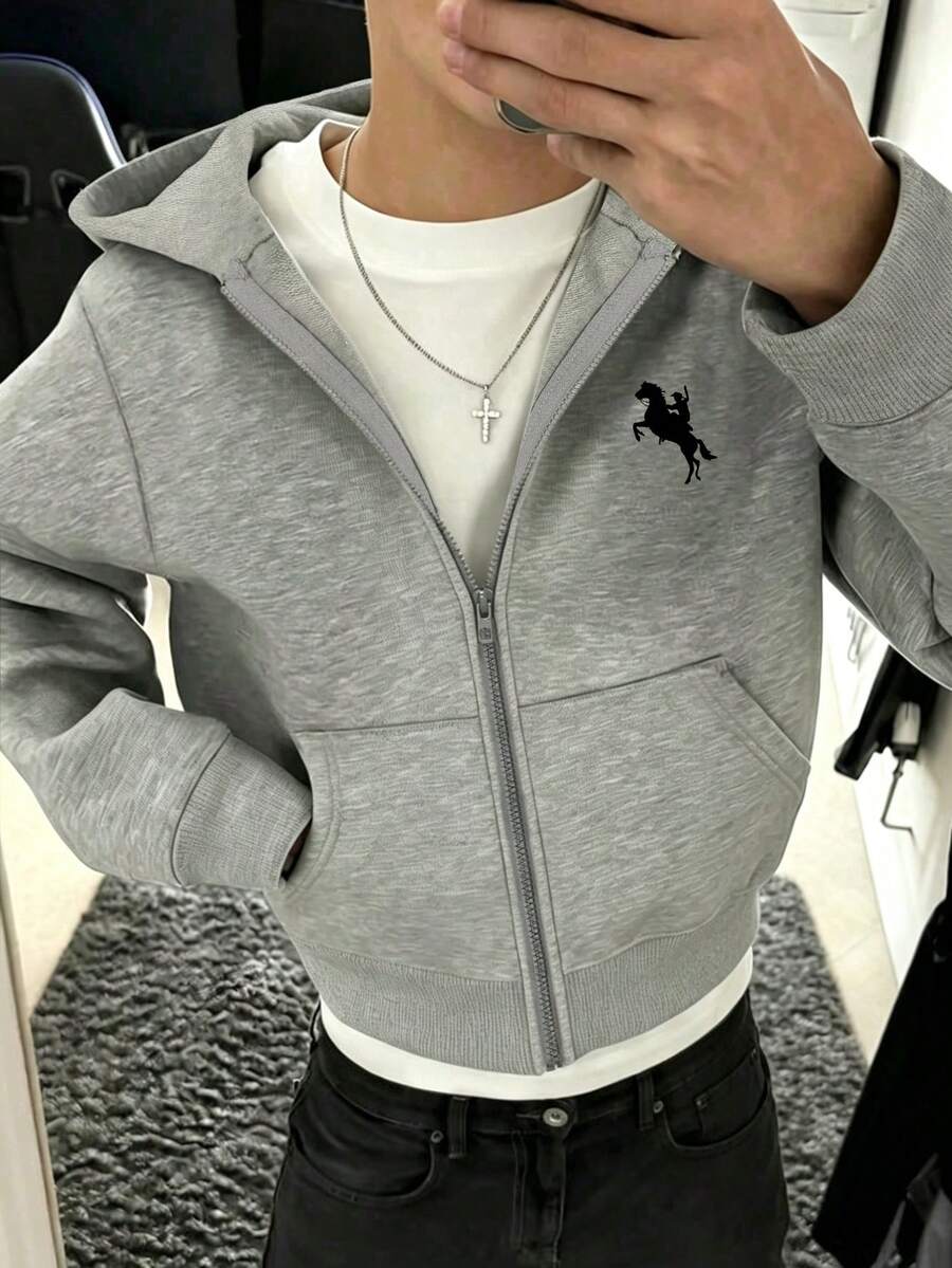 青少年男孩卡通圖案刺繡老鼠口袋拉鍊運動衫 - 灰色 - 查看 1