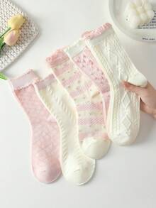 4 pares de calcetines de estilo ballet a media pantorrilla con volantes, rayas y flores en rosa & blanco, suaves & cómodos, para usar en todas las estaciones, color aleatorio - Multicolor - Ver 6