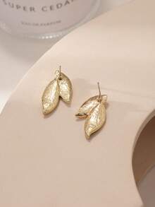 2pcs Two-Tone Enamel Leaf Stud Earrings Gold Plated Double Leaves Minimalist Dainty Earrings For Women Daily Office Jewelry Gift - View 3