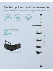 SONGMICS Organizador de Baño Esquinero Telescópico, Estante para Regadera Ajustable 95-300cm, 4 Niveles con Toallero, Plata y Negro MBCB002B01 - Plata  Negro - Ver 4