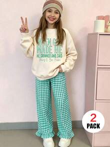 2pcs/Set Girls Green Plaid Slogan Print Crew Neck Sweatshirt And Casual Plaid Pants, Fashionable And Cute, Suitable For Autumn/Winter - Multicolor - View 3