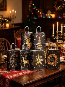 6pcs/1pc Black And Gold Christmas Gift Bags, Printed With "Merry Christmas", Snowflake, Reindeer And Christmas Tree Patterns, Suitable For Party Favors, Winter Theme Event Prizes, Christmas Dinner And Birthday Party - One Size Fits All - View 2