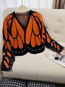 Women's Butterfly Wing Monarch Knitted Cardigan, Open Front Long Sleeve Sweater With Asymmetrical Hem, Unique Costume Cardigan For Spring And Fall - Multicolor - View 6