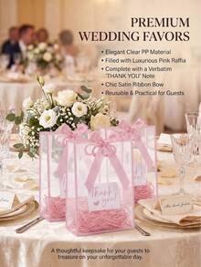 1/3/10pcs Set - Transparent Gift Bags With Pink Edges, Satin Bows And Raffia, Reusable Clear PP Tote Bags, Perfect For Weddings, Bridal Showers, Birthday Gift Wrapping, Baby Showers And Elegant Gift Packaging. - Pink - View 6