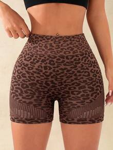 Vintage Leopard Print Seamless 3-Inch Workout Shorts, Moisture-Wicking Athletic Shorts - Chocolate Brown - View 4