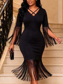 AOMEI Black Elegant Cross V Neck Midi Tassel Dress For Women Three Quarter Sleeve Fringe Hem Slim Fit Package Hip Dress Evening Club Wear - Black - View 4