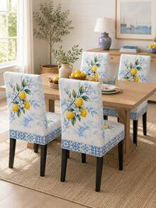 Porcelain Blue Tile Lemon Chair Cover, European Coastal Polyester Dining Chair Slipcover With Yellow Citrus Fruit, White Flower Print, Soft Fitted Backrest Seat Cover For Dining Room Chair Decor, Kitchen Chair Protector, Kitchen . - Multicolor - View 1