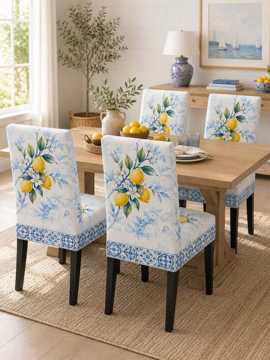 Porcelain Blue Tile Lemon Chair Cover, European Coastal Polyester Dining Chair Slipcover With Yellow Citrus Fruit, White Flower Print, Soft Fitted Backrest Seat Cover For Dining Room Chair Decor, Kitchen Chair Protector, Kitchen . - Multicolor - View 1