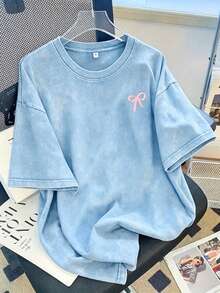 Women Vintage Washed Tee, 230G Thick Oversized Crew Neck Short Sleeve, Retro Street Loose Fit Casual Top For Spring Summer Machine Washable Daily Wear - 淺藍色 - 查看 1