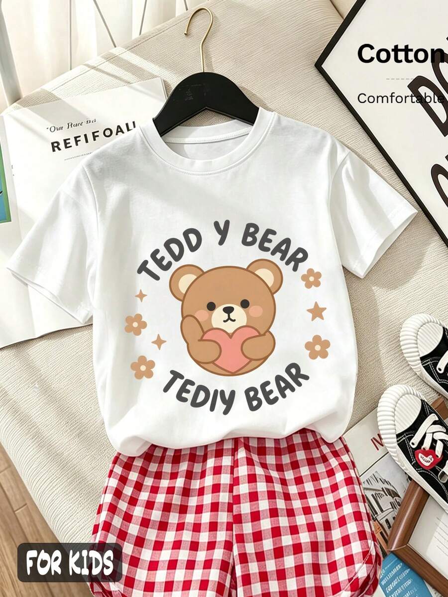 Summer/Autumn Cotton Short-Sleeved T-Shirt For Girls, Featuring A Cartoon Teddy Bear Hugging A Heart Print, In A Cute And Sweet Style - White - View 1