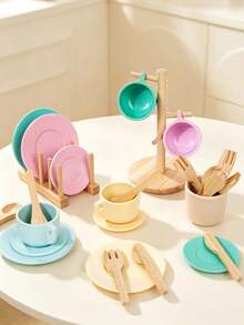 Set Peralatan Makan Kayu Warna Macaron Mainan Bermain Peran Cangkir Piring Garpu Sendok dengan Rak Penyimpanan Perlengkapan Dapur untuk Minum Teh Sore Kombinasi untuk Anak Usia 3+ Tahun Permainan Peran Dapur dan Makan Mainan Edukasi Interaktif Pengenalan Warna dan Keterampilan Motorik Halus untuk Anak-Anak, Mainan Edukatif Interaktif untuk Minum Teh Sore, Hadiah Ulang Tahun untuk Anak Laki-laki dan Perempuan - MultiWarna - View 9