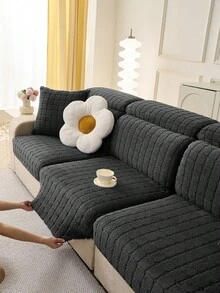 1pc Dark Grey 3D Cube Pattern Sofa Cover, Autumn/Winter Warmth Style, Soft Fluffy Skin-Friendly Texture, Pet-Friendly, Machine Washable, Fits 1/2/3/4 Seater & L-Shaped Sofas, Suitable For Living Room, Bedroom - Dark Grey - View 8