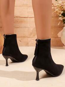 Women's Fashion High Heel Ankle Boots, Black Suede Pointed Toe Stiletto Heel Back Zipper Ankle Boots, Thermal Lined Warm - Black - View 5