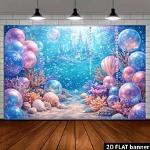 2d Flat Banner Underwater Party Banner With Ocean Theme In The Background, Decorated With Coral Shells, Pearl Balloons And Underwater Castles, Room Decoration, Without Power Supply. - 1 - View 5