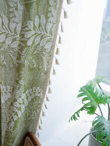 Tokoto 1件波希米亞風綠色植物葉片印花窗簾，流蘇蕾絲飾邊半透明紋理薄紗窗簾，柔光裝飾窗簾，適用臥室與客廳 - 彩色 - 查看 6