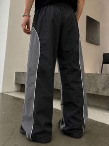 男士高街風不對稱拼色寬腿快乾長褲，歐美大廓型拼色寬腿褲，抽繩鬆緊腰輕量快乾垂墜落地長褲 - 黑色 - 查看 3