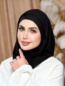 1pc Women's Solid Color Balaclava One-Piece Base Layer Headscarf Neck Warmer Elastic Cap Hijab Caps Elastic Caps Turban Breathable Comfortable Elastic Wide Brim Sweat-Absorbing Anti-Slip Multi-Functional Sports Headscarf Cap Head Cover Inner Lining Scarf, Minimalist Fashion Scarf, Hood And Matching Headscarf, 2-In-1, Wear It And Easily Get Ready, Instantly Fashionable For Going Out - Carbon Black - View 4