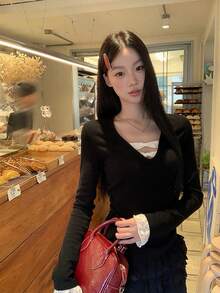 Women's Lace Patchwork Fitted T-Shirt, Chic Elegant Top Black - Black - View 7