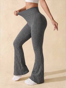 Vintage Heather Grey Seamless Ribbed Flared Leggings, Stretchy Wide Leg Fitness Pants For Home And Outdoor Wear Sports Fall - Grey - View 4