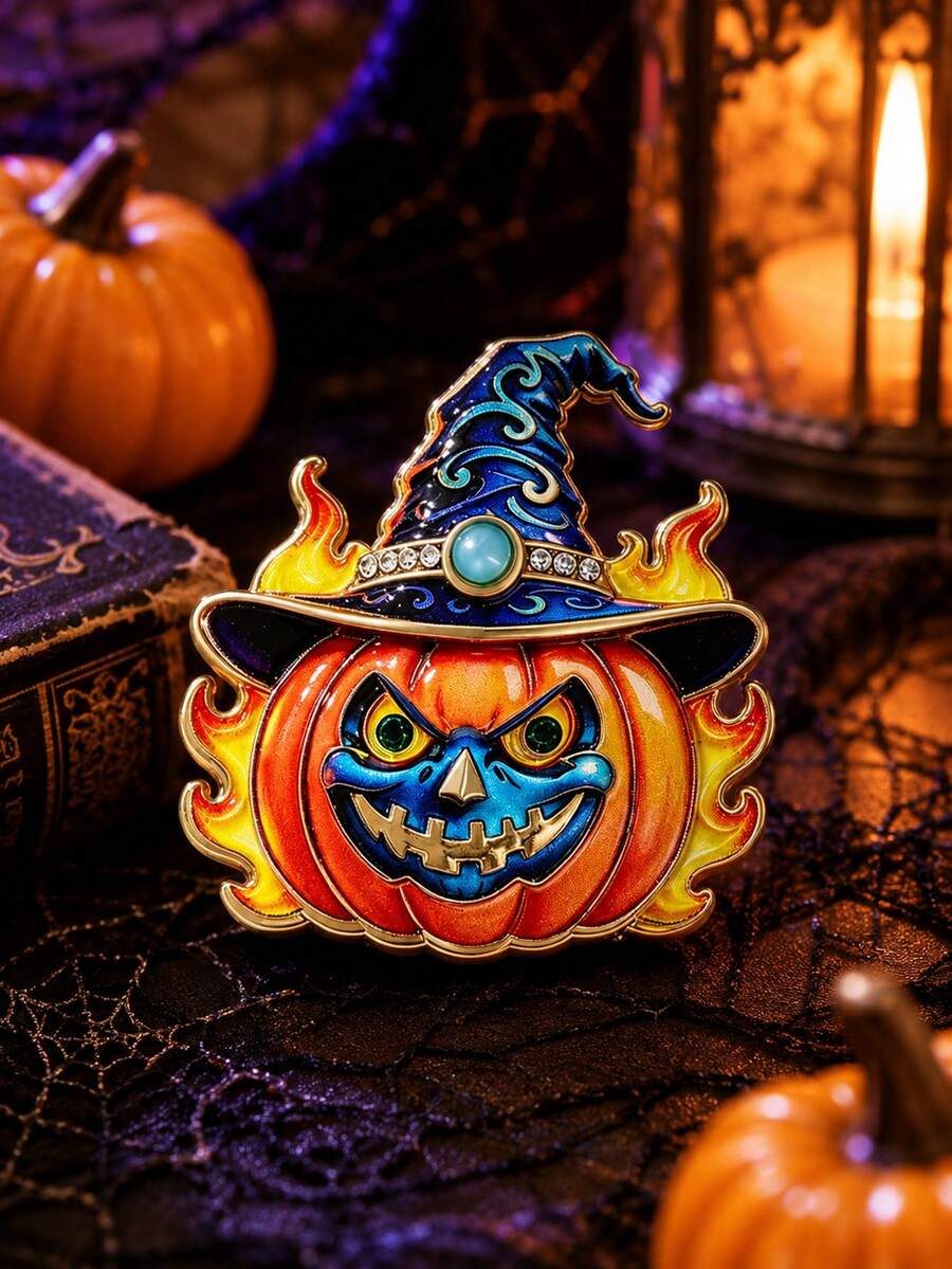 1pc Halloween Wizard Hat Flame Pumpkin Brooch, Rhinestone Enamel Pumpkin Lantern Alloy Lapel Pin, Suitable For Suit, Coat, Bag Decoration, Costume Party And Holiday Gift - Multicolor - View 1