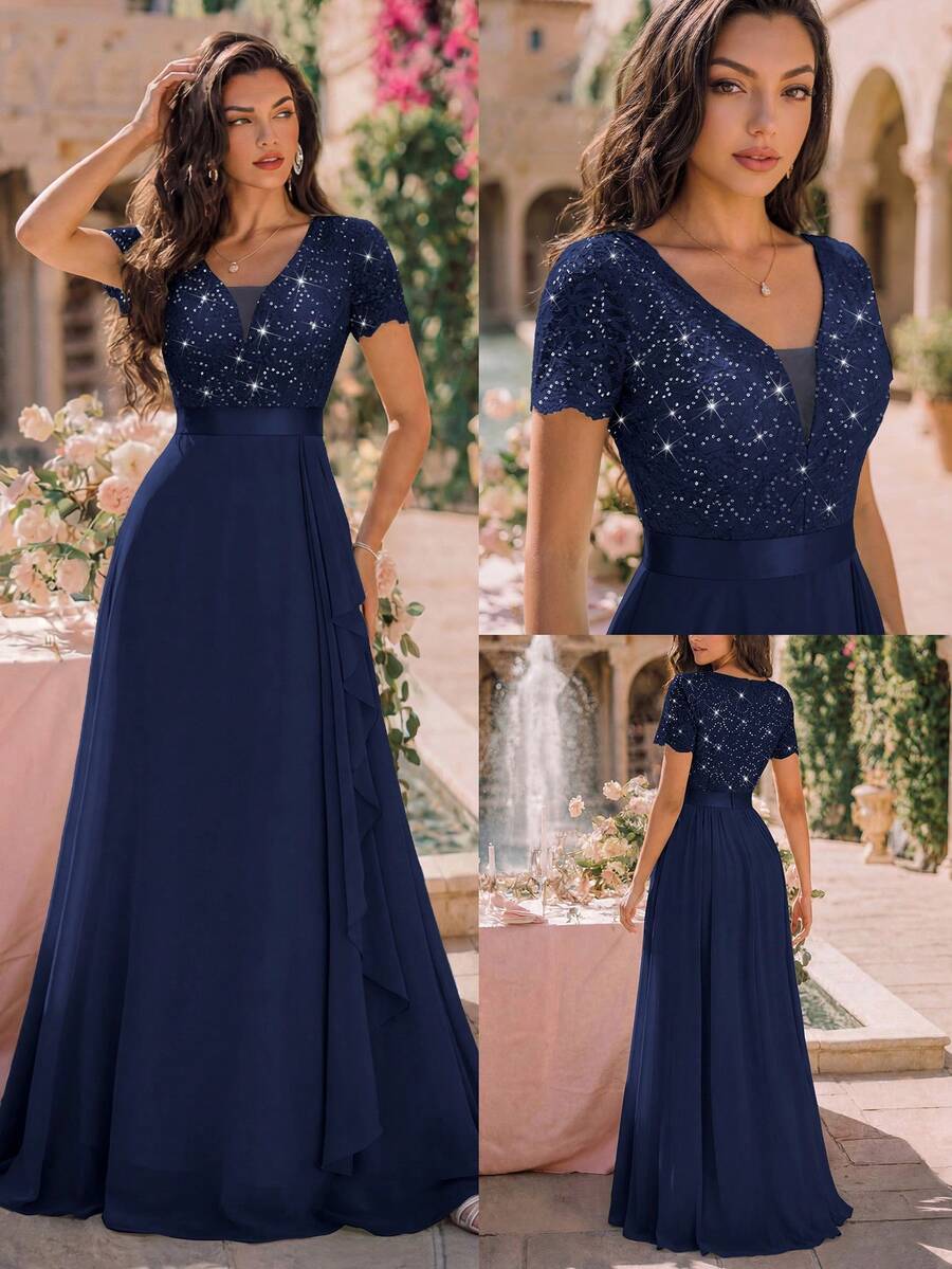 MIUSOL Deep V-Neck Contrast Sequin Lace Ruffle Trim Chiffon Formal Party Maxi Dress, Formal Evening Gown Wedding - Navy Blue - View 1