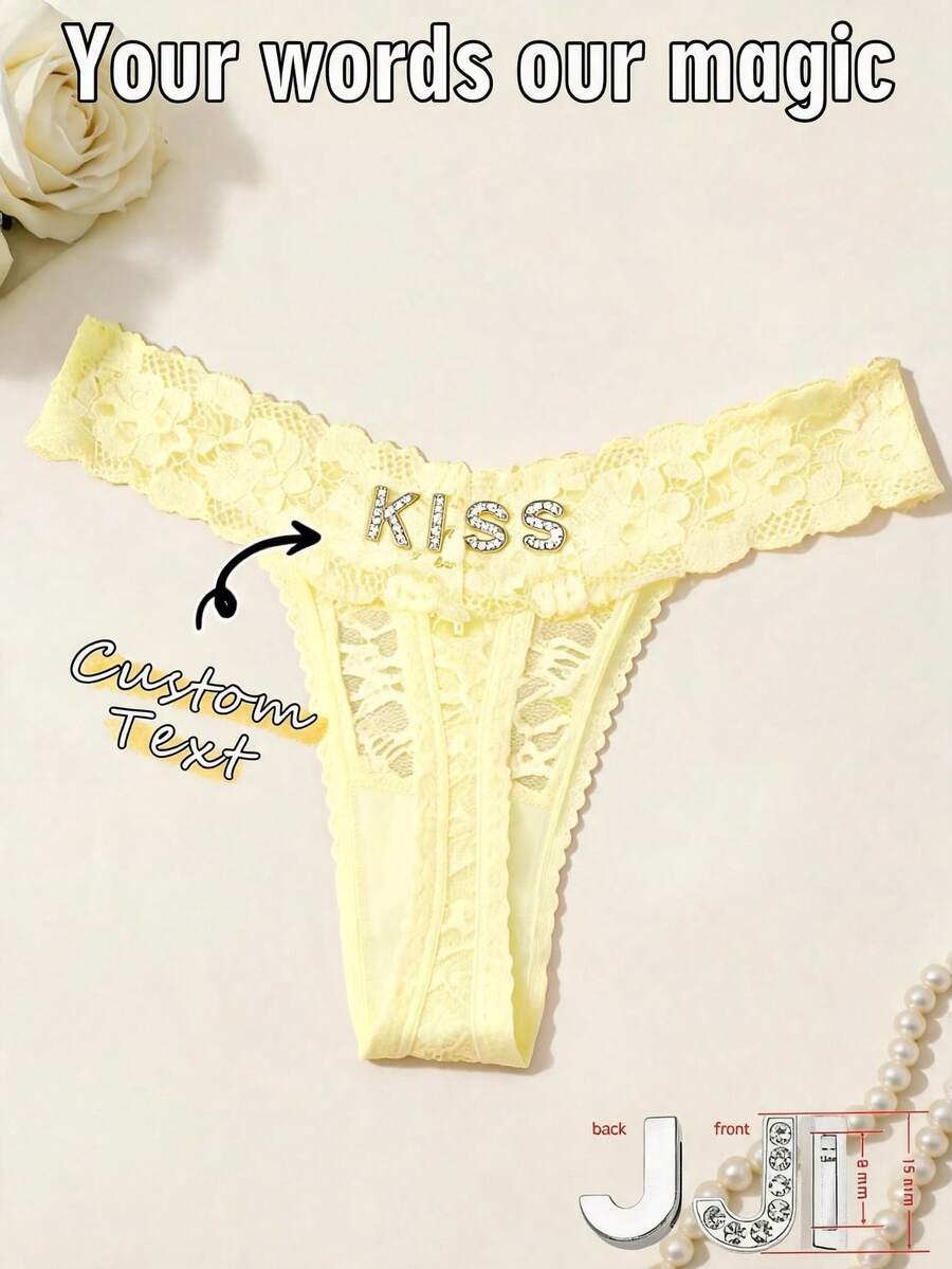 Custom Rhinestone Letter Red Lace Panties, Sexy Heart T-Back Lingerie, Bridal Honeymoon Anniversary Gift For Wife And Girlfriend - Yellow - View 1