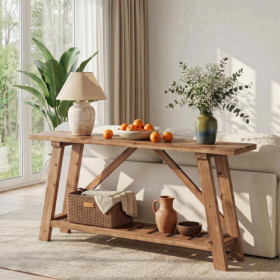 LITTLE TREE 160cm Long Narrow Wood Console Table Storage Shelf Sofa Table Hall Living Entry - Brown - View 1
